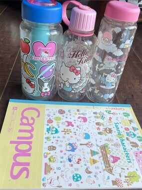 Authentic Sanrio Merchandises - Lot of 3 Plastic Bottles & 1 Notebook